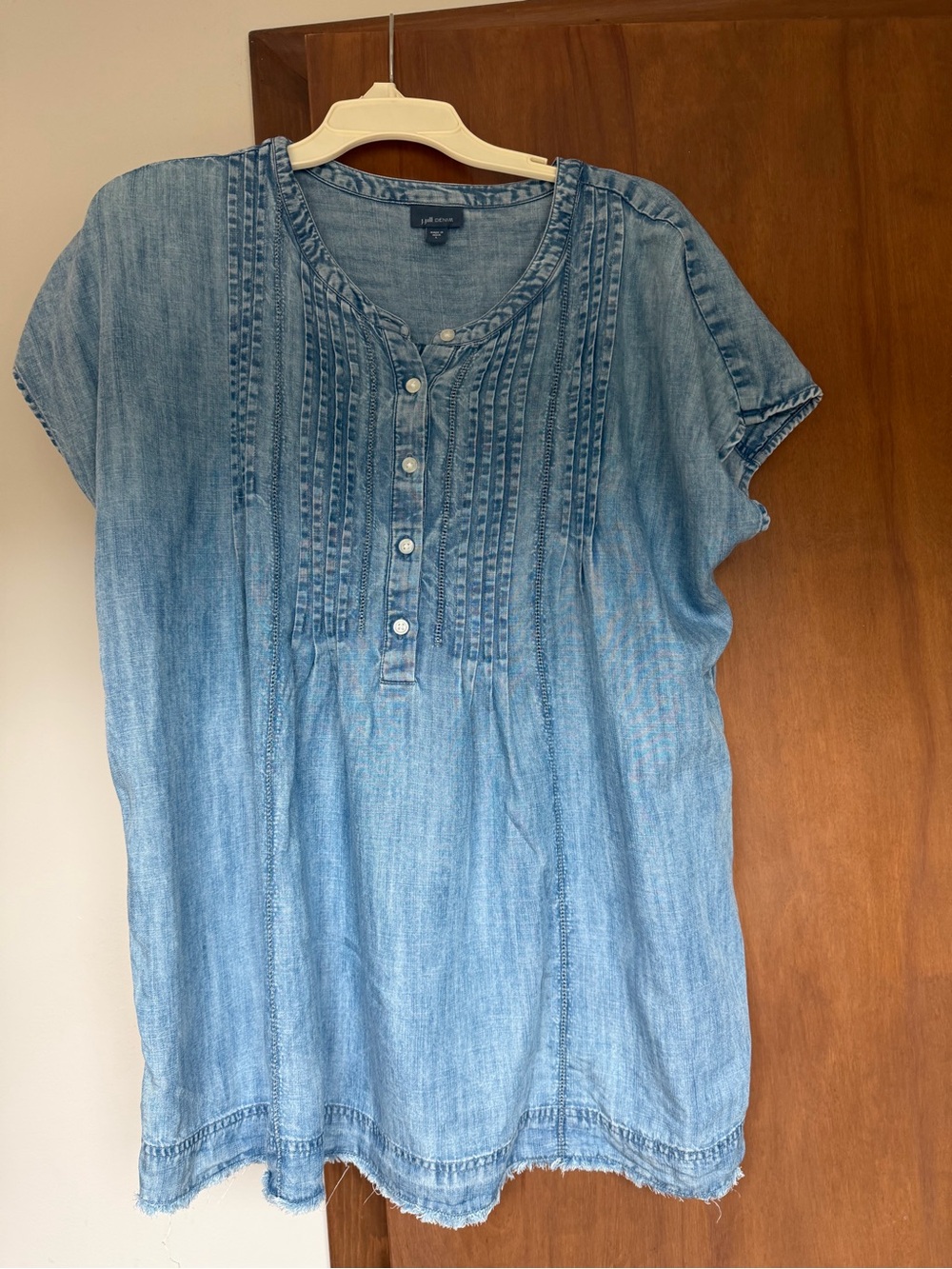 J. Jill Light Blue Washed Denim Pintuck Henley Blouse
